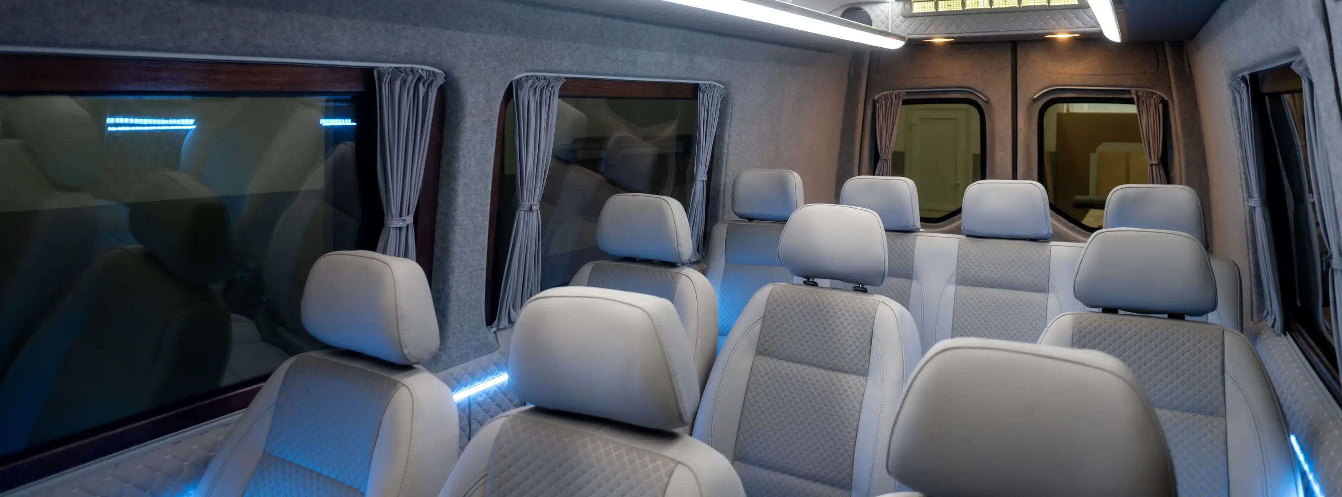 Plush leather seats inside an Avatravel luxury minibus