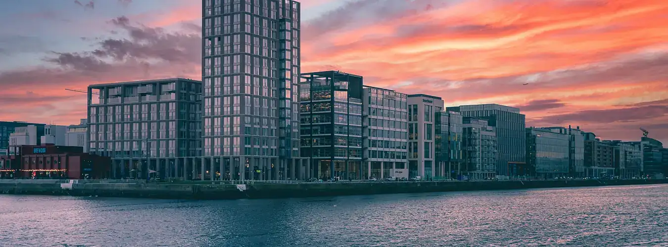 Dublin Docklands waterfront skyline at sunset