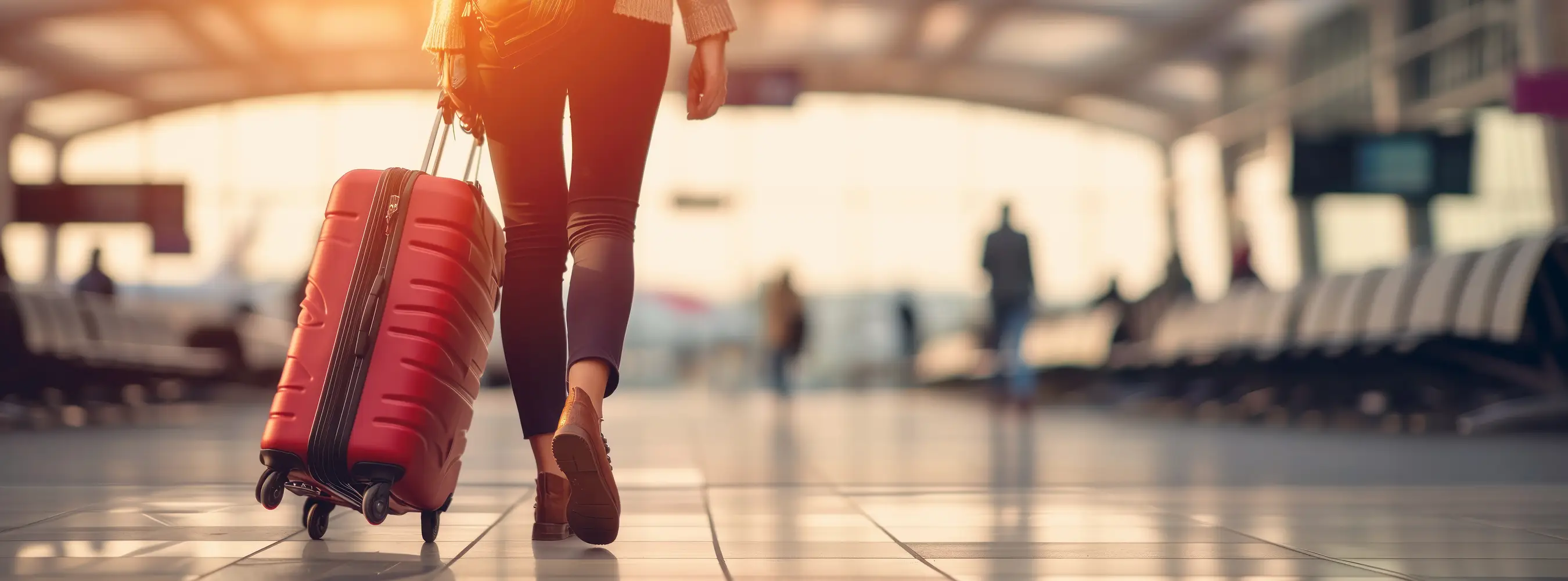 Traveller walking through an airport terminal with a wheeled suitcase