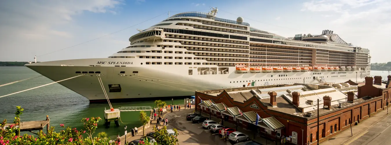 Cruise ship docked at a port quayside