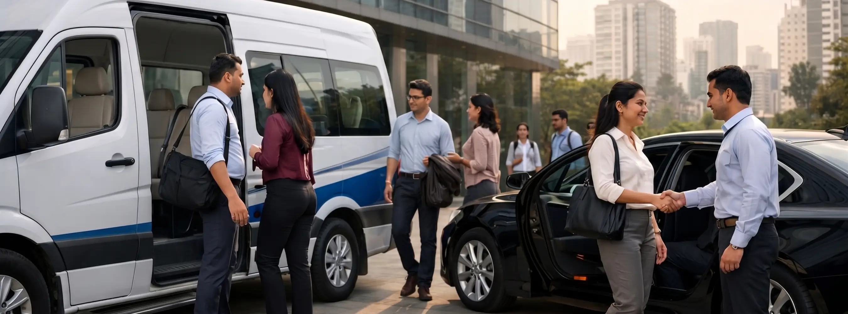 Business group boarding a minibus and car for a corporate transfer in the city